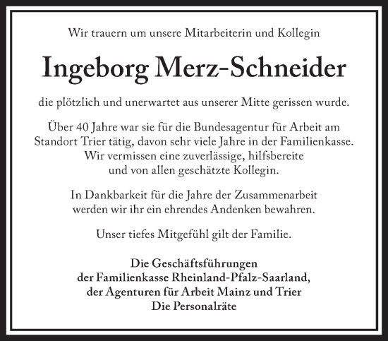 Traueranzeige von Ingeborg Merz-Schneider von trierischer_volksfreund