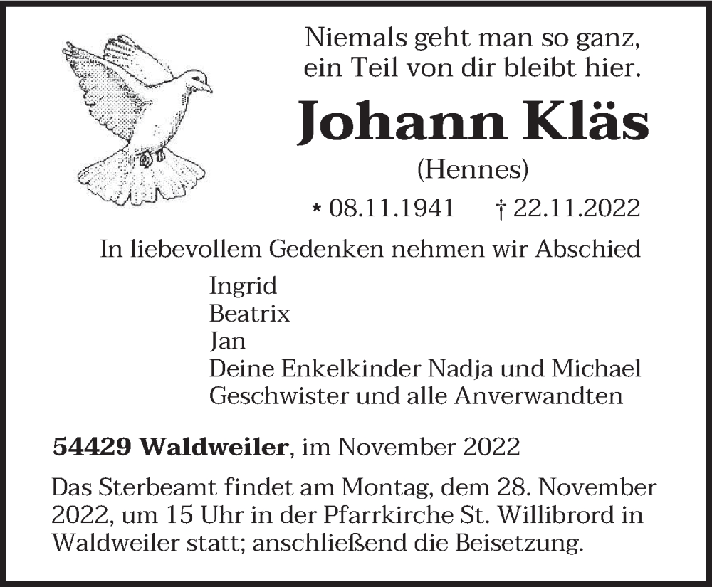  Traueranzeige für Johann Kläs vom 26.11.2022 aus trierischer_volksfreund