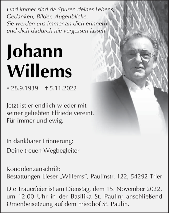 Traueranzeige von Johann Willems von trierischer_volksfreund