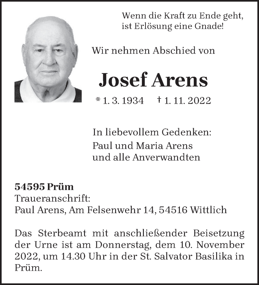  Traueranzeige für Josef Arens vom 07.11.2022 aus trierischer_volksfreund