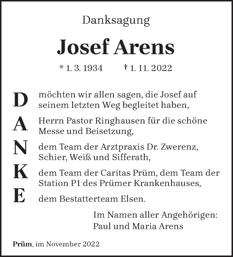  Traueranzeige für Josef Arens vom 26.11.2022 aus trierischer_volksfreund