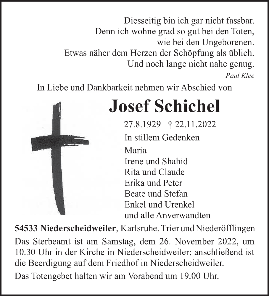  Traueranzeige für Josef Schichel vom 24.11.2022 aus trierischer_volksfreund