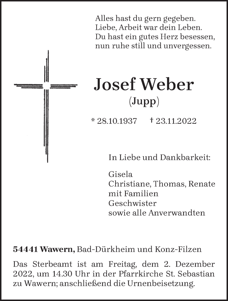  Traueranzeige für Josef Weber vom 28.11.2022 aus trierischer_volksfreund