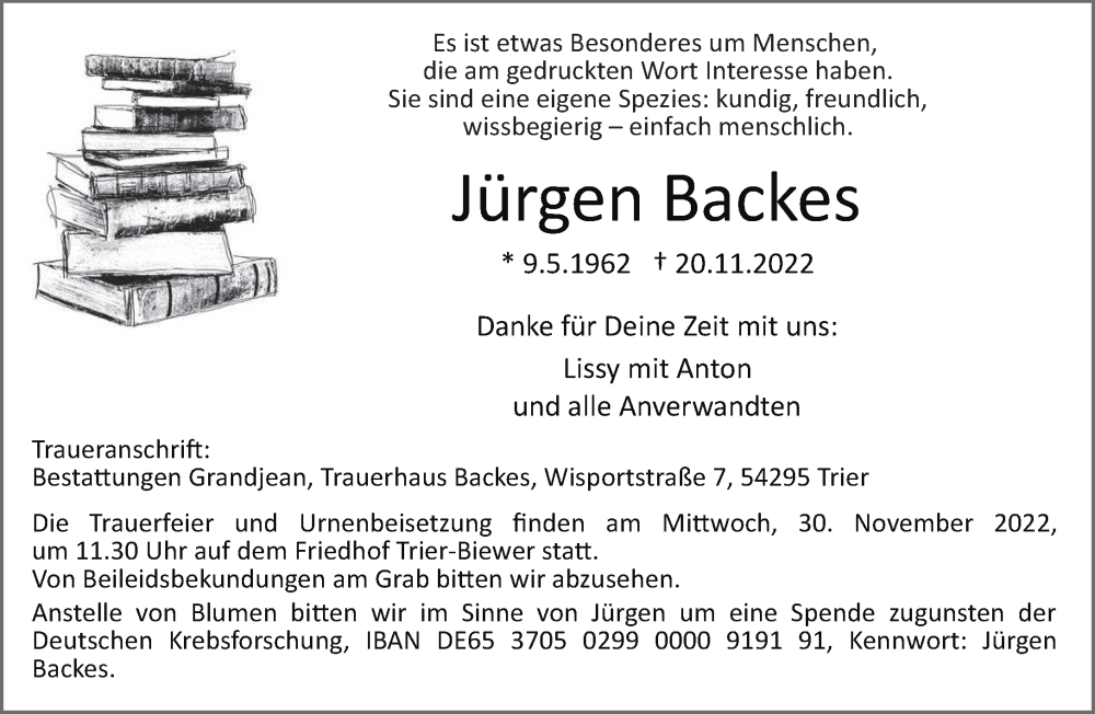  Traueranzeige für Jürgen Backes vom 25.11.2022 aus trierischer_volksfreund