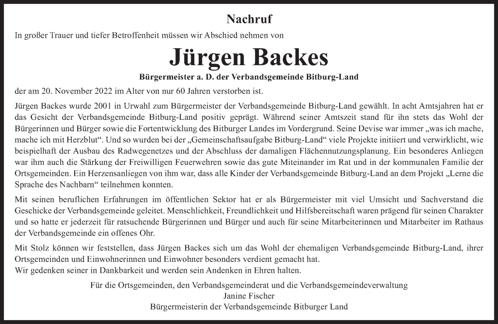 Traueranzeige für Jürgen Backes vom 25.11.2022 aus trierischer_volksfreund