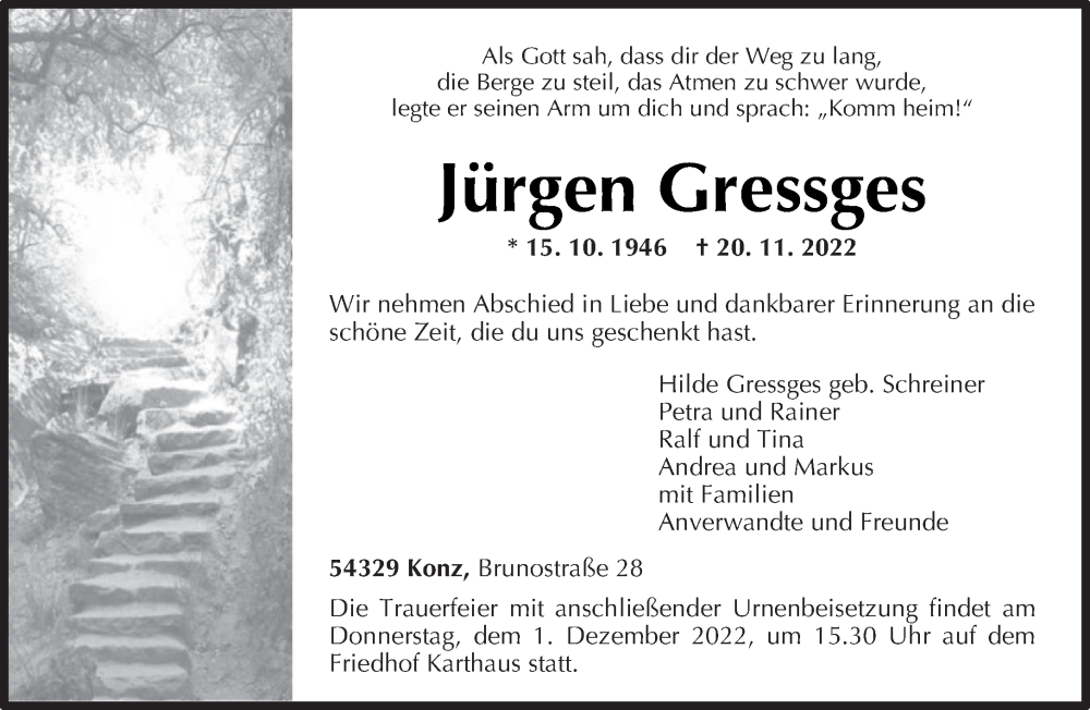  Traueranzeige für Jürgen Gressges vom 26.11.2022 aus trierischer_volksfreund