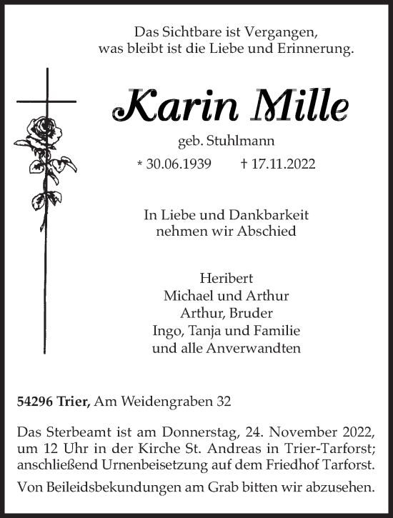 Traueranzeige von Karin Mille von trierischer_volksfreund