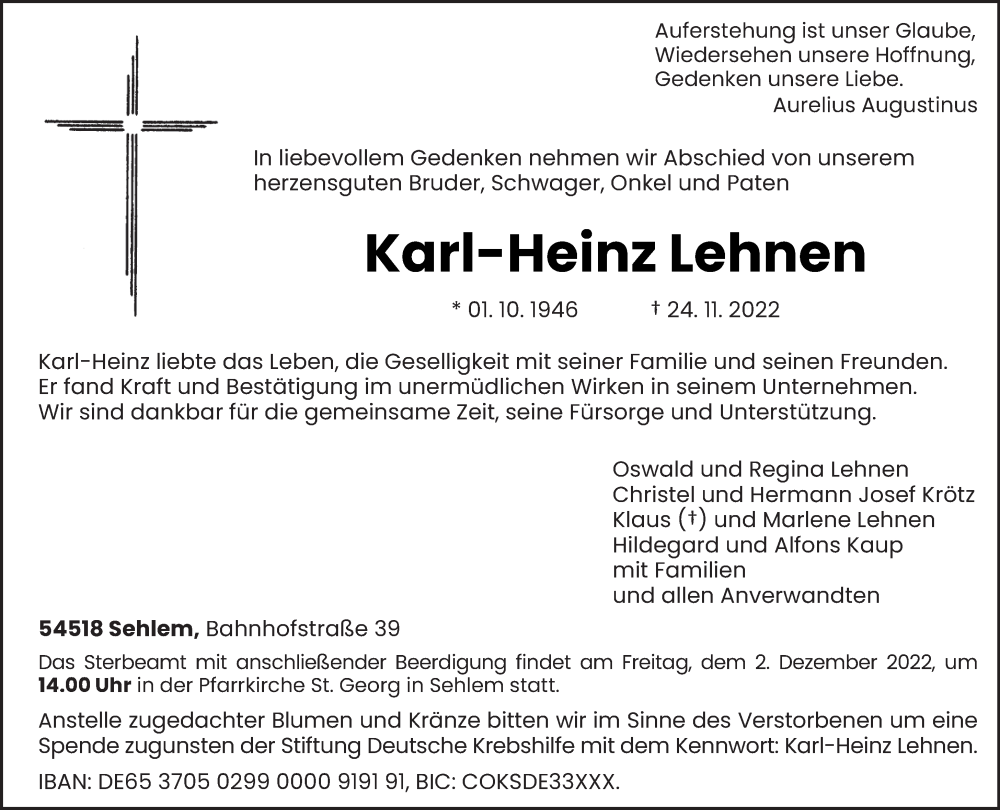 Traueranzeige für Karl-Heinz Lehnen vom 26.11.2022 aus trierischer_volksfreund