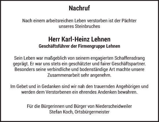 Traueranzeige von Karl-Heinz Lehnen von trierischer_volksfreund