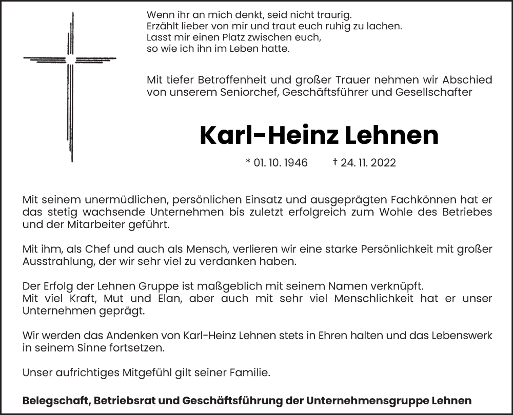  Traueranzeige für Karl-Heinz Lehnen vom 26.11.2022 aus trierischer_volksfreund