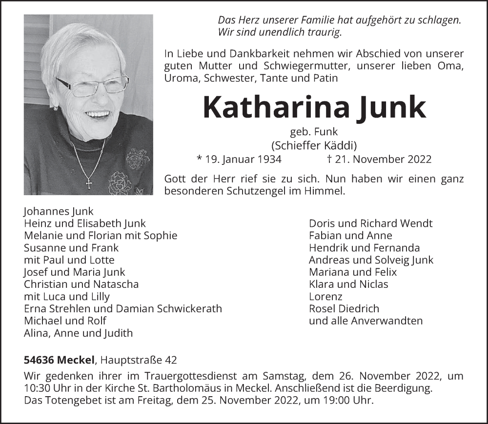  Traueranzeige für Katharina Junk vom 23.11.2022 aus trierischer_volksfreund