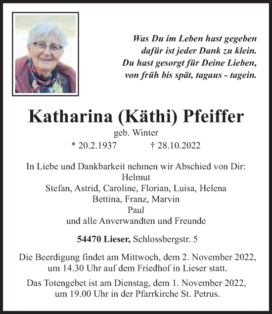 Traueranzeige von Katharina Pfeiffer von trierischer_volksfreund