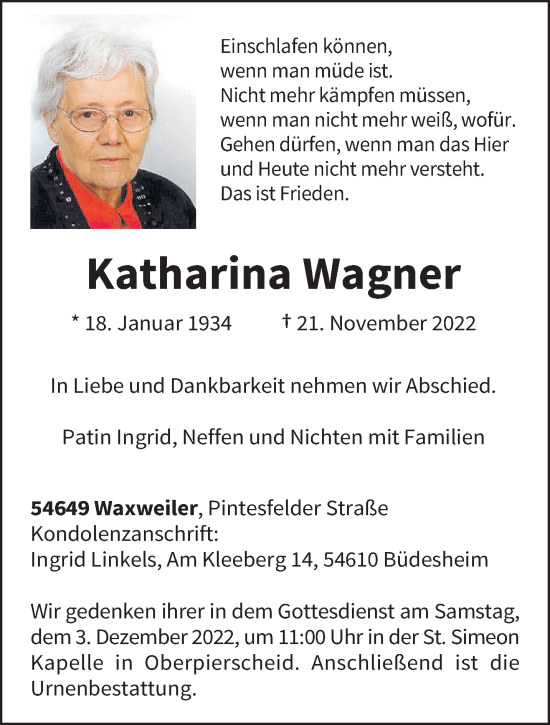 Traueranzeige von Katharina Wagner von trierischer_volksfreund