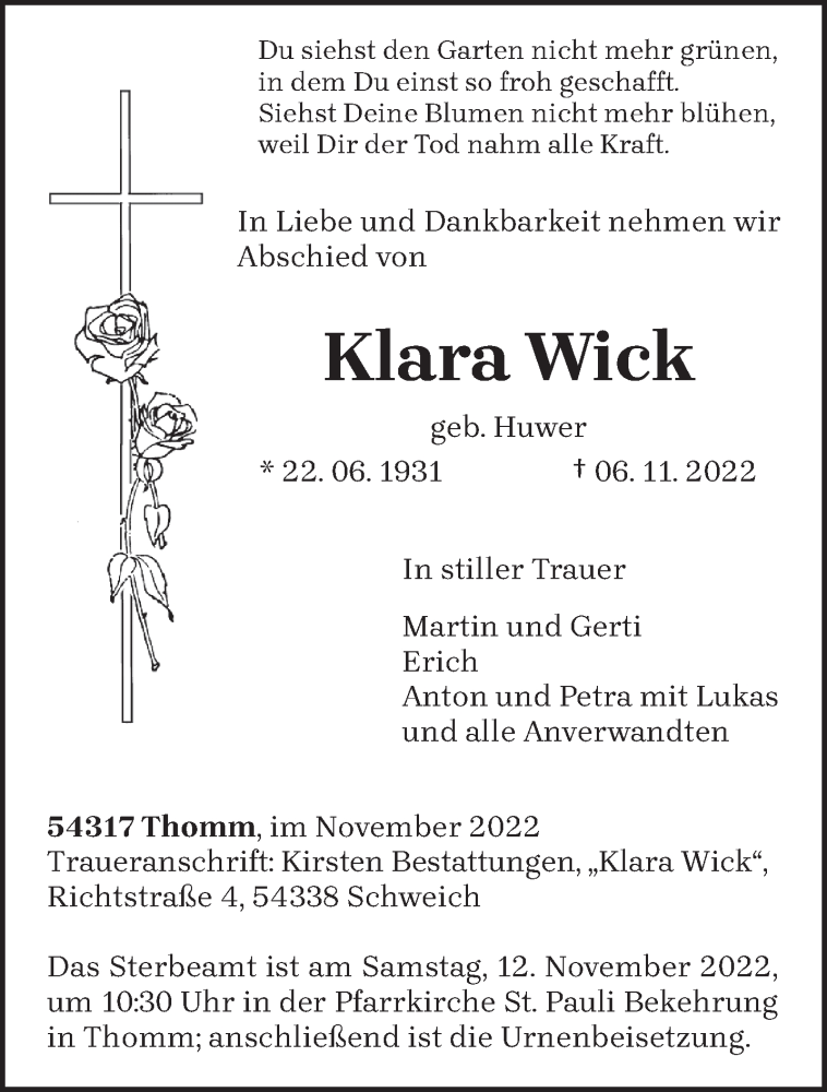  Traueranzeige für Klara Wick vom 09.11.2022 aus trierischer_volksfreund