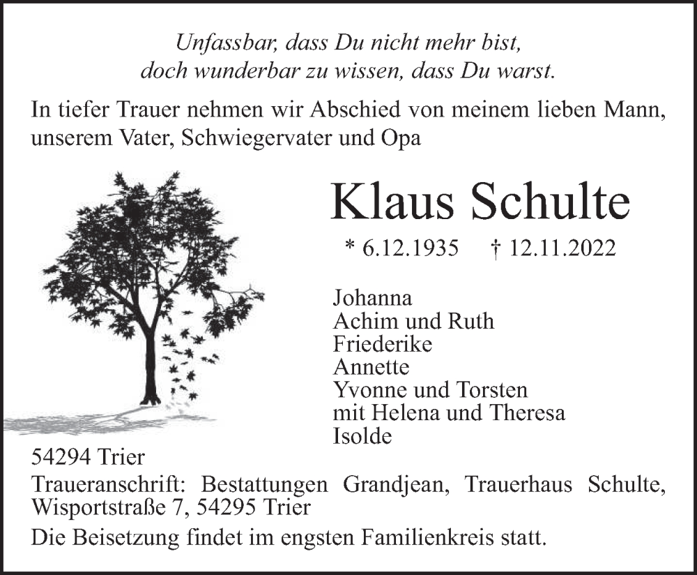  Traueranzeige für Klaus Schulte vom 19.11.2022 aus trierischer_volksfreund