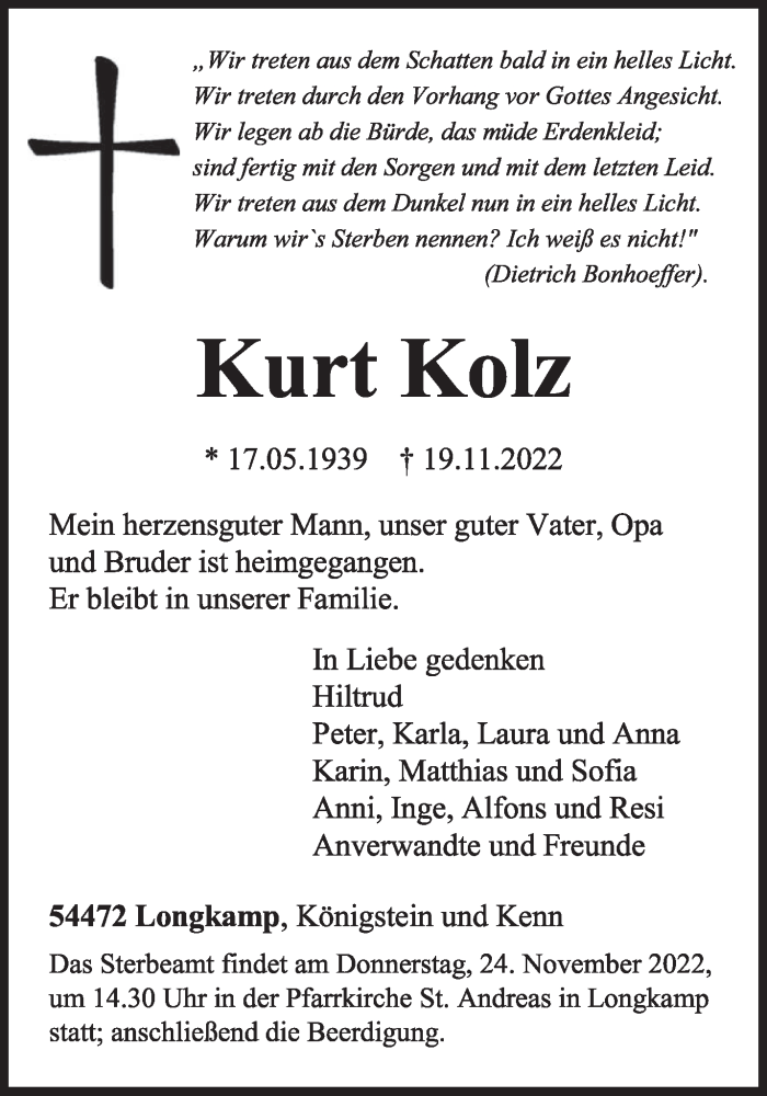  Traueranzeige für Kurt Kolz vom 22.11.2022 aus trierischer_volksfreund