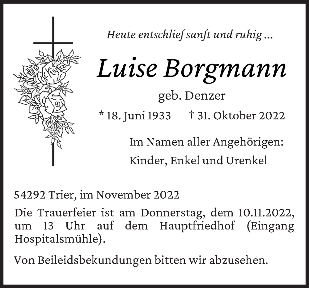  Traueranzeige für Luise Borgmann vom 08.11.2022 aus trierischer_volksfreund