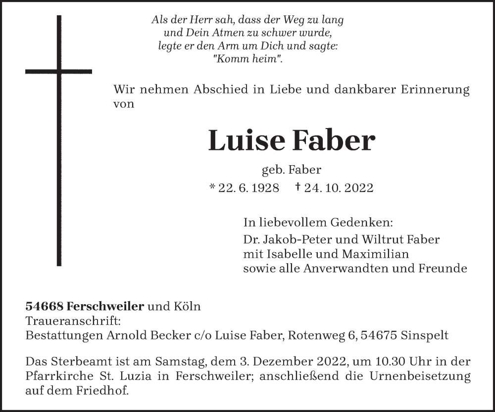  Traueranzeige für Luise Faber vom 26.11.2022 aus trierischer_volksfreund