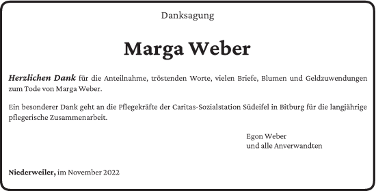 Traueranzeige von Marga Weber von trierischer_volksfreund