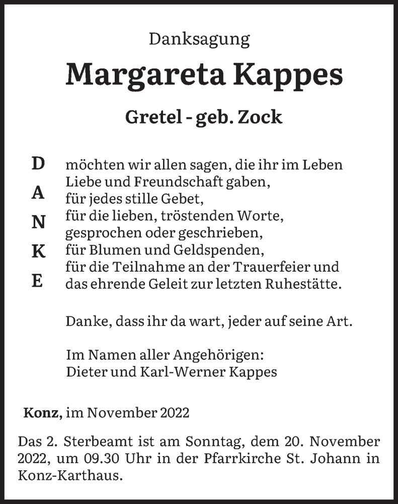  Traueranzeige für Margareta Kappes vom 12.11.2022 aus trierischer_volksfreund