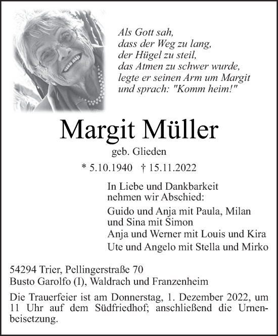 Traueranzeige von Margit Müller von trierischer_volksfreund