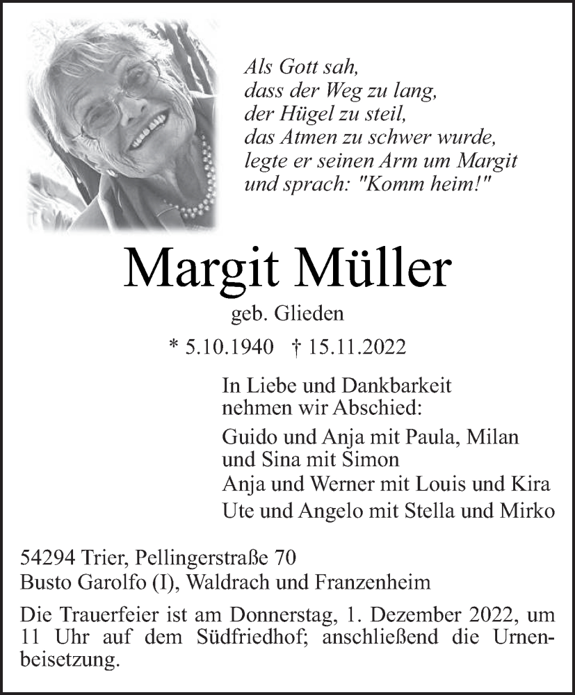  Traueranzeige für Margit Müller vom 26.11.2022 aus trierischer_volksfreund
