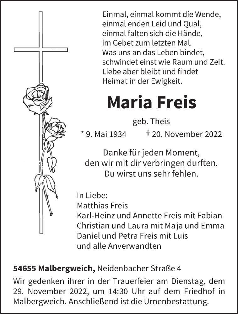  Traueranzeige für Maria Freis vom 23.11.2022 aus trierischer_volksfreund