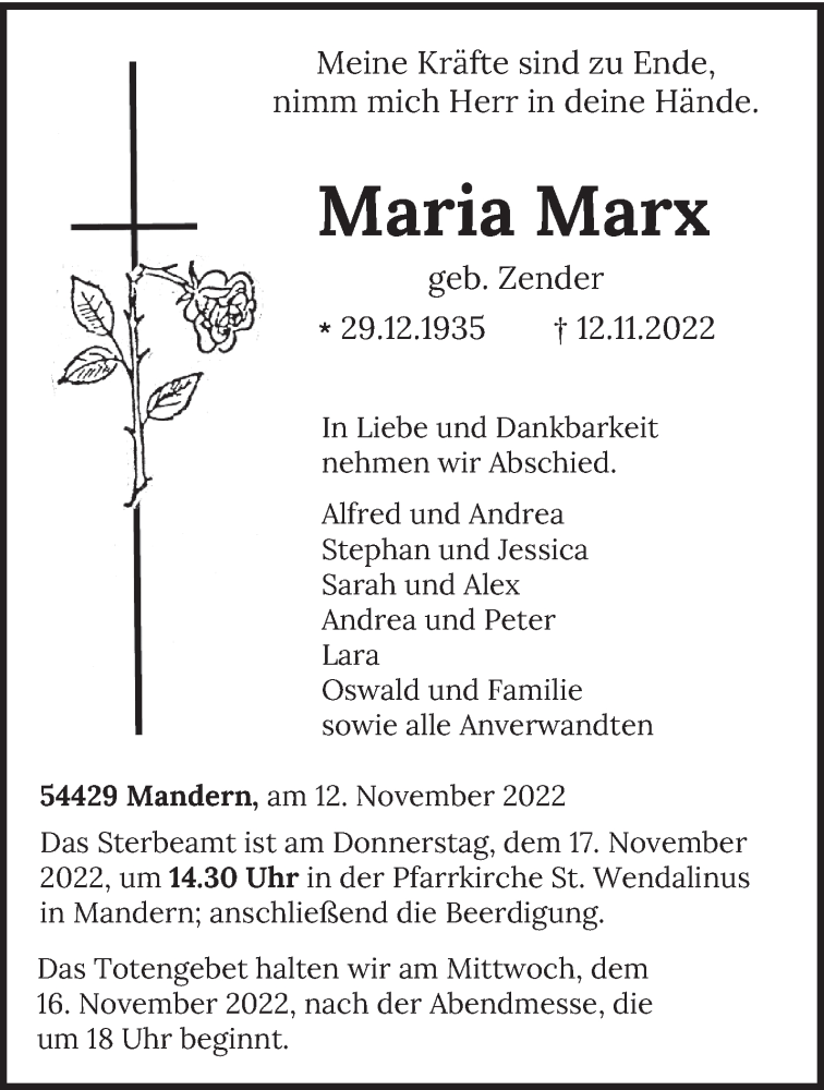 Traueranzeigen von Maria Marx | Volksfreund.Trauer.de