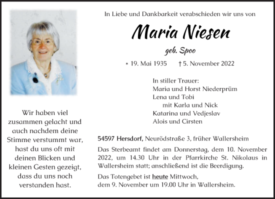 Traueranzeigen von Maria Niesen | Volksfreund.Trauer.de