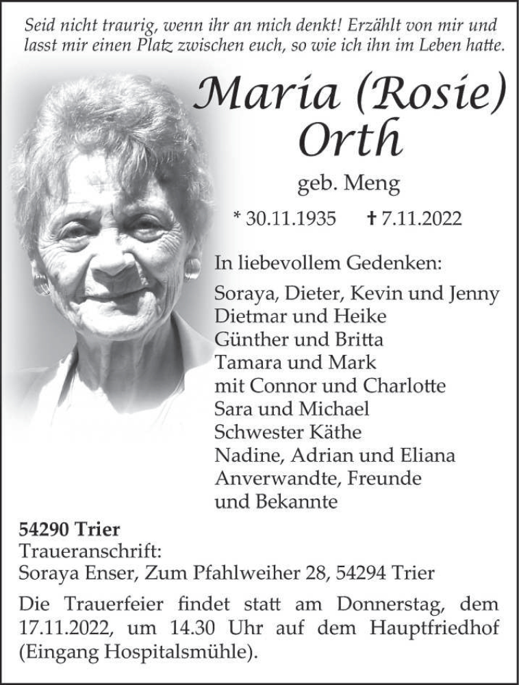  Traueranzeige für Maria Orth vom 12.11.2022 aus trierischer_volksfreund