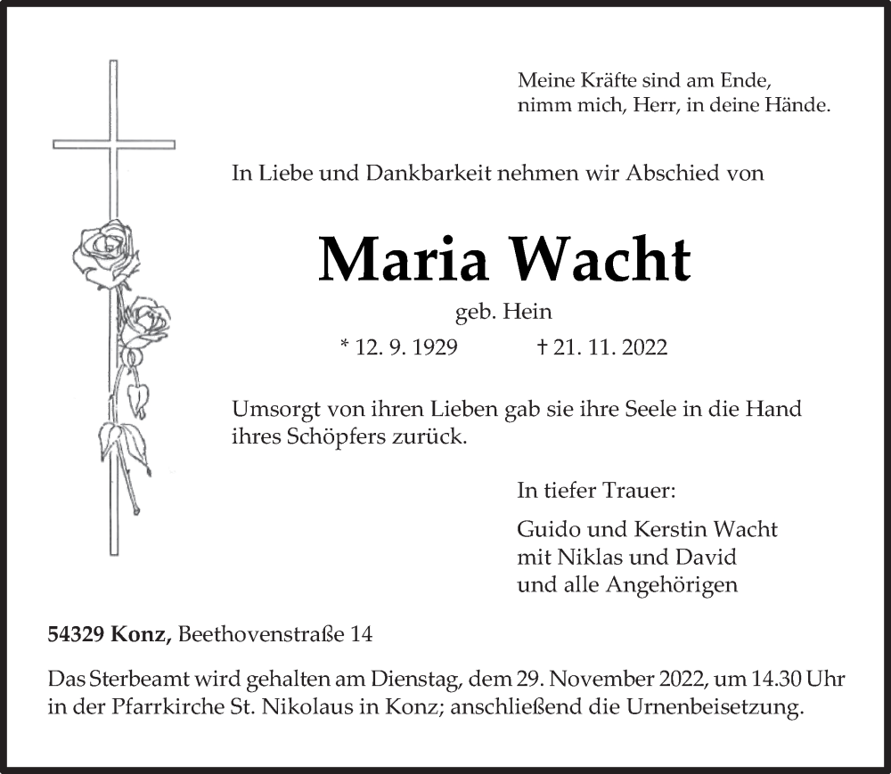  Traueranzeige für Maria Wacht vom 26.11.2022 aus trierischer_volksfreund