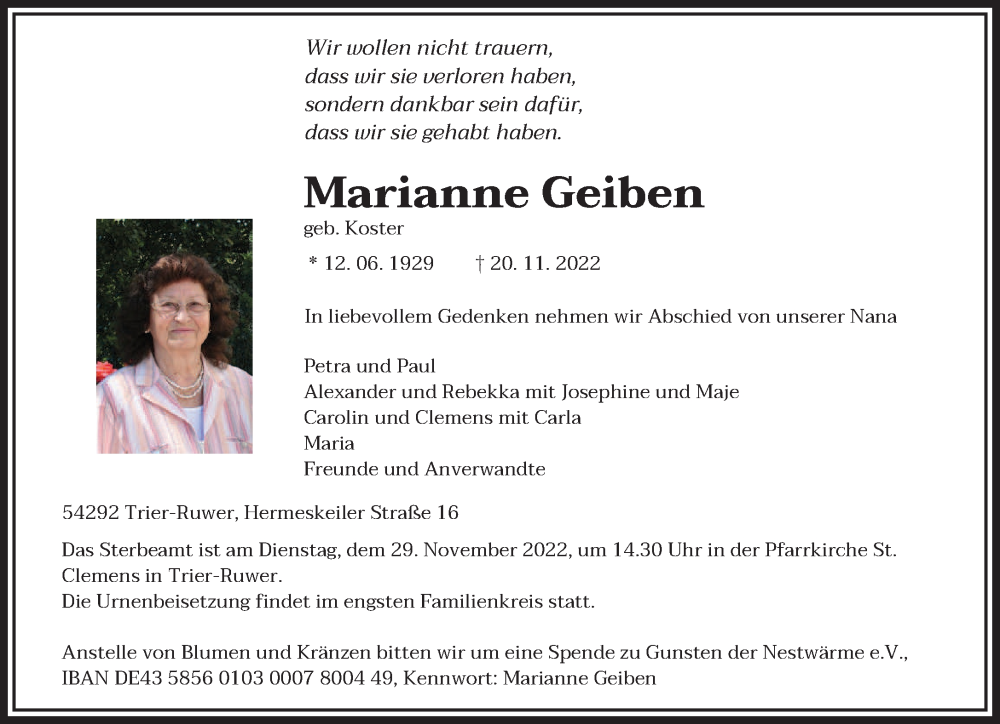  Traueranzeige für Marianne Geiben vom 26.11.2022 aus trierischer_volksfreund