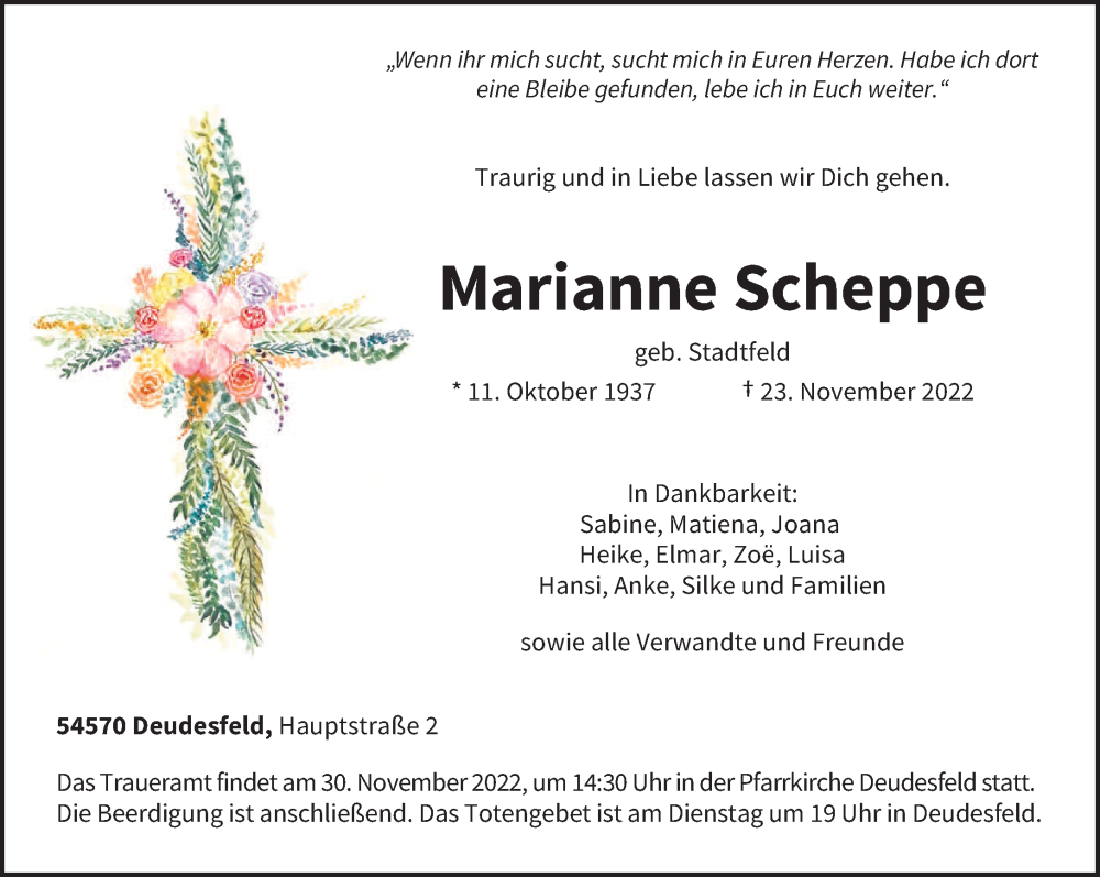  Traueranzeige für Marianne Scheppe vom 26.11.2022 aus trierischer_volksfreund