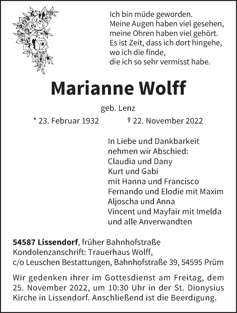  Traueranzeige für Marianne Wolff vom 24.11.2022 aus trierischer_volksfreund