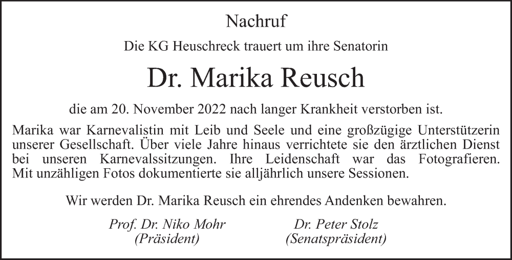  Traueranzeige für Marika Reusch vom 26.11.2022 aus trierischer_volksfreund