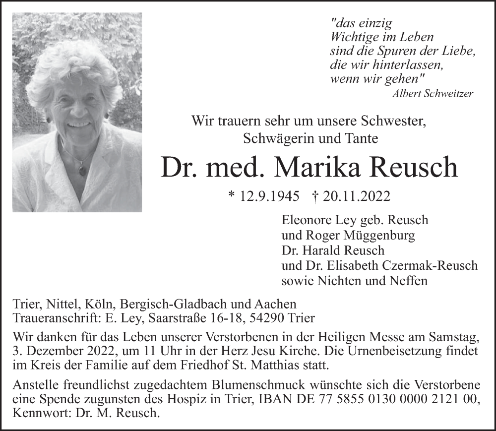  Traueranzeige für Marika Reusch vom 26.11.2022 aus trierischer_volksfreund