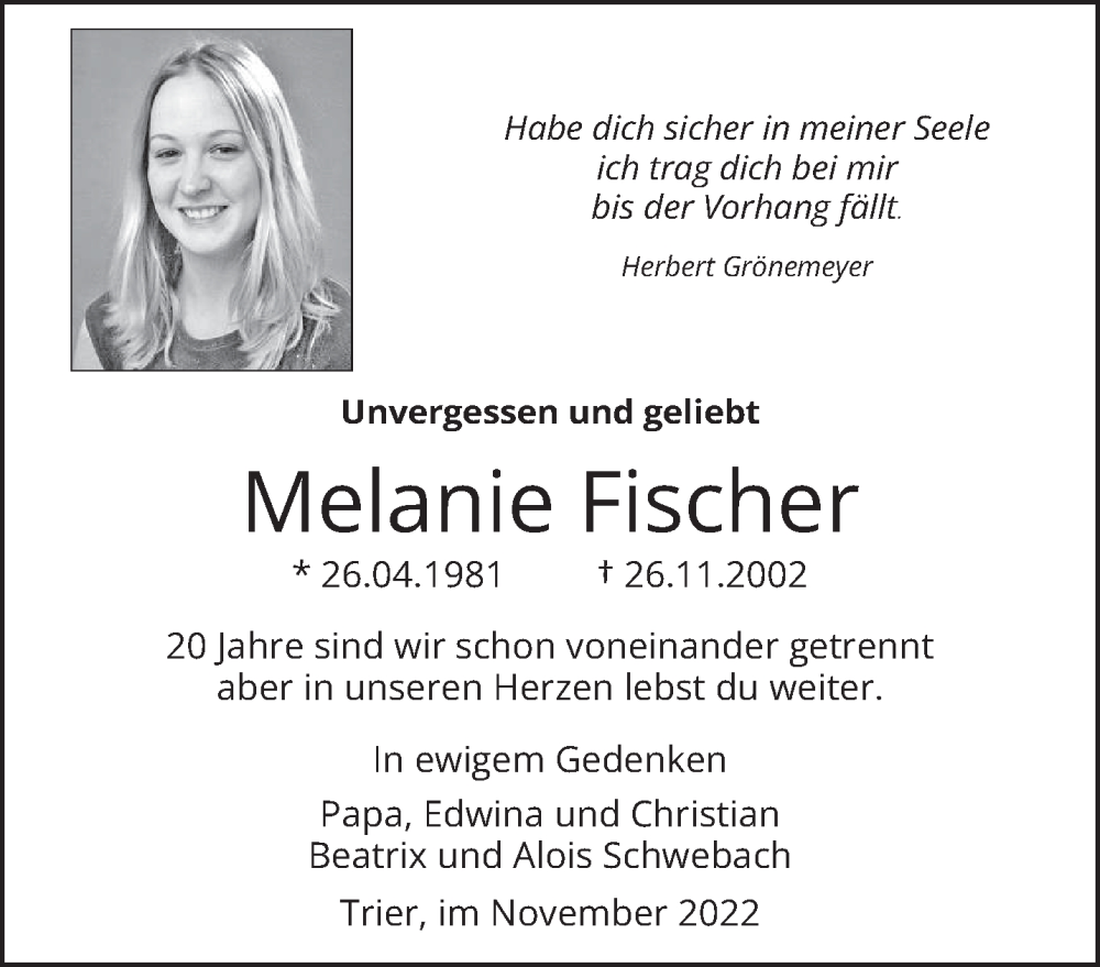  Traueranzeige für Melanie Fischer vom 26.11.2022 aus trierischer_volksfreund