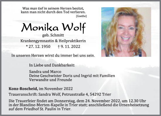 Traueranzeige von Monika Wolf von trierischer_volksfreund