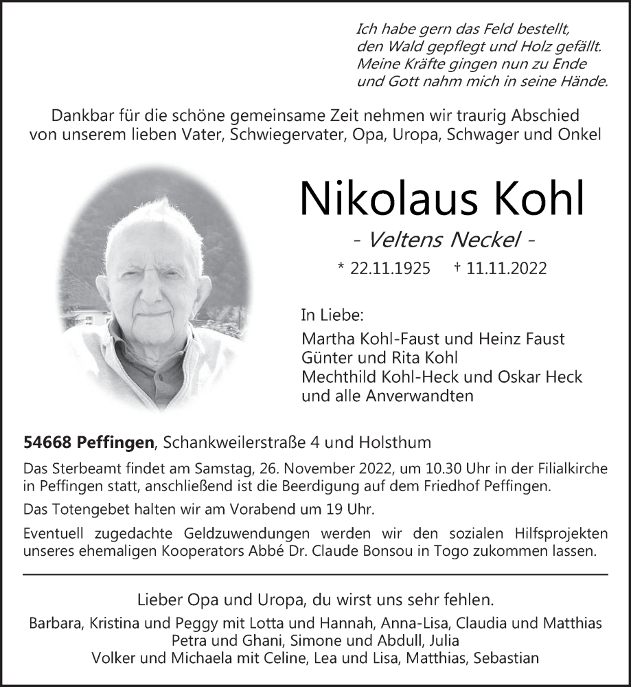  Traueranzeige für Nikolaus Kohl vom 19.11.2022 aus trierischer_volksfreund