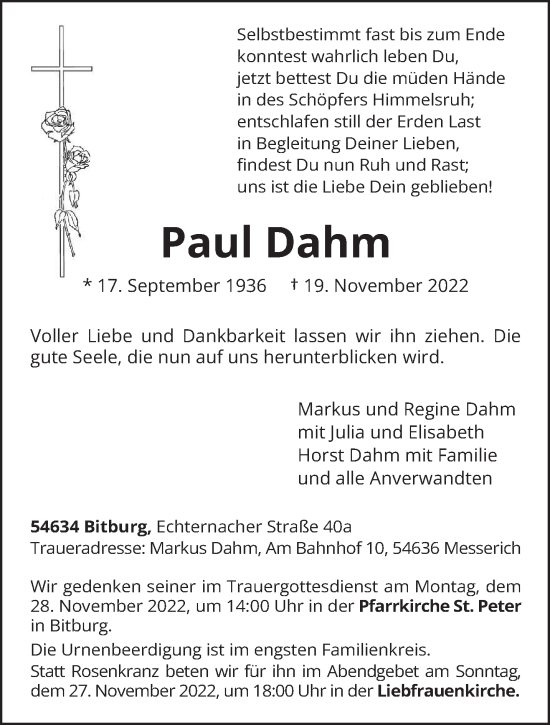 Traueranzeige von Paul Dahm von trierischer_volksfreund