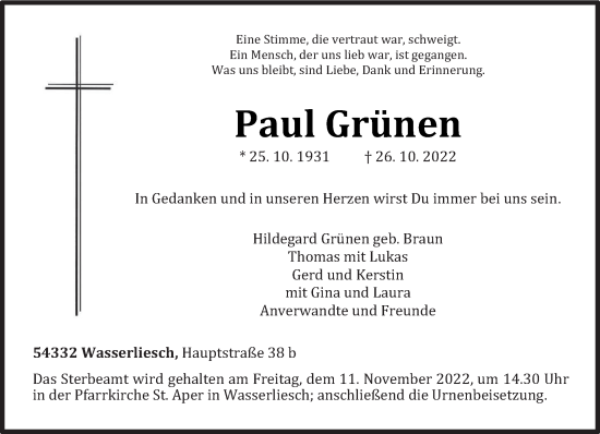 Traueranzeige von Paul Grünen von trierischer_volksfreund