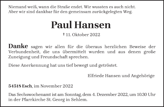 Traueranzeige von Paul Hansen von trierischer_volksfreund
