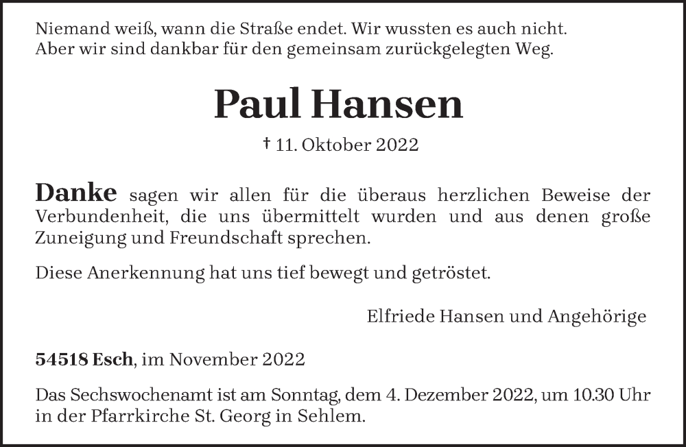  Traueranzeige für Paul Hansen vom 25.11.2022 aus trierischer_volksfreund