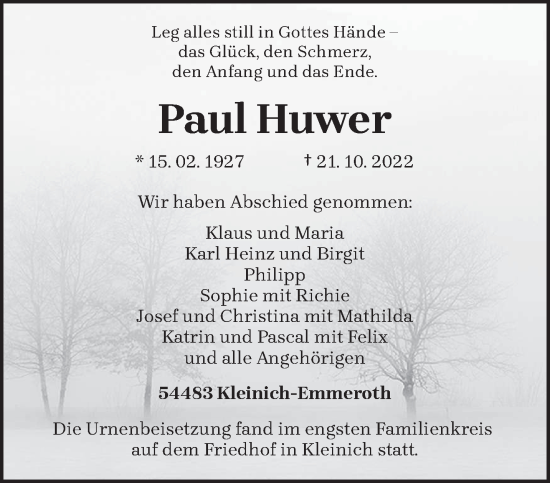 Traueranzeige von Paul Huwer von trierischer_volksfreund