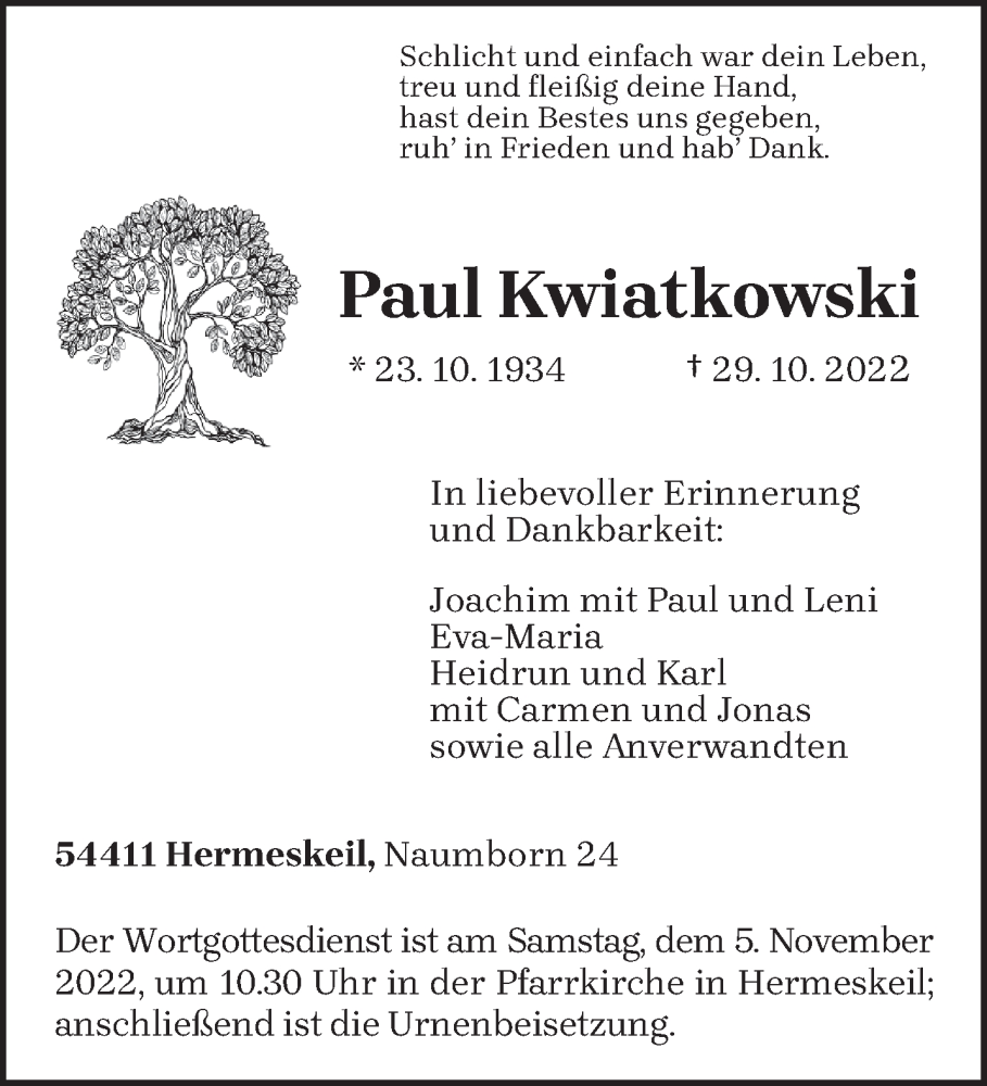  Traueranzeige für Paul Kwiatkowski vom 02.11.2022 aus trierischer_volksfreund