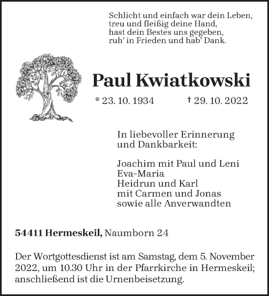 Traueranzeige von Paul Kwiatkowski von trierischer_volksfreund