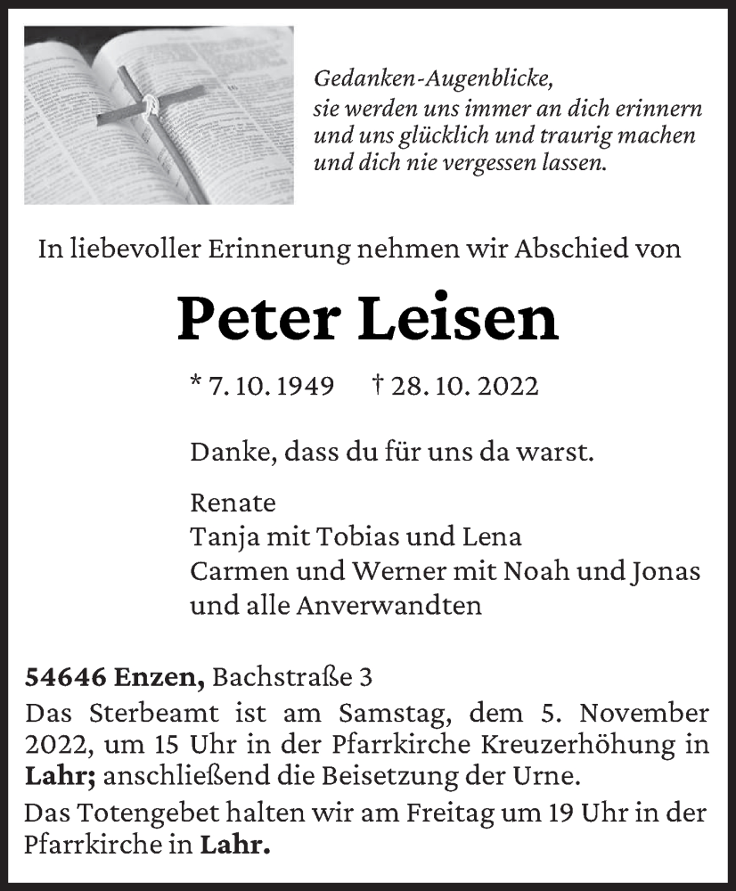  Traueranzeige für Peter Leisen vom 02.11.2022 aus trierischer_volksfreund