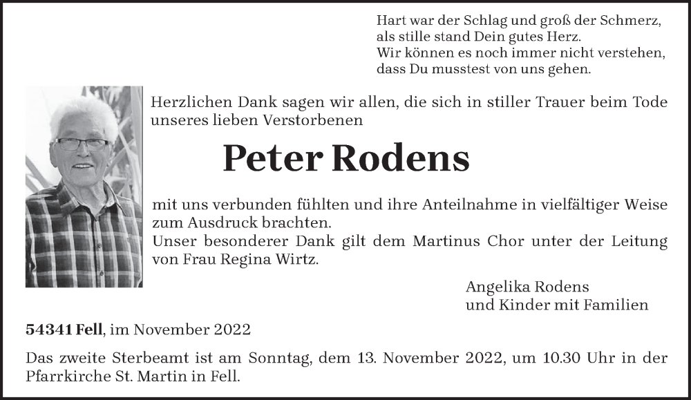  Traueranzeige für Peter Rodens vom 09.11.2022 aus trierischer_volksfreund