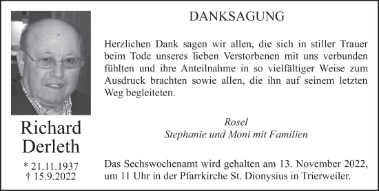 Traueranzeige von Richard Derleth von trierischer_volksfreund