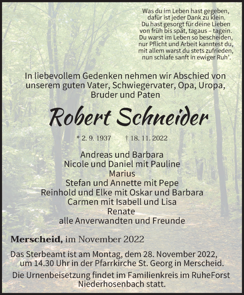  Traueranzeige für Robert Schneider vom 24.11.2022 aus trierischer_volksfreund